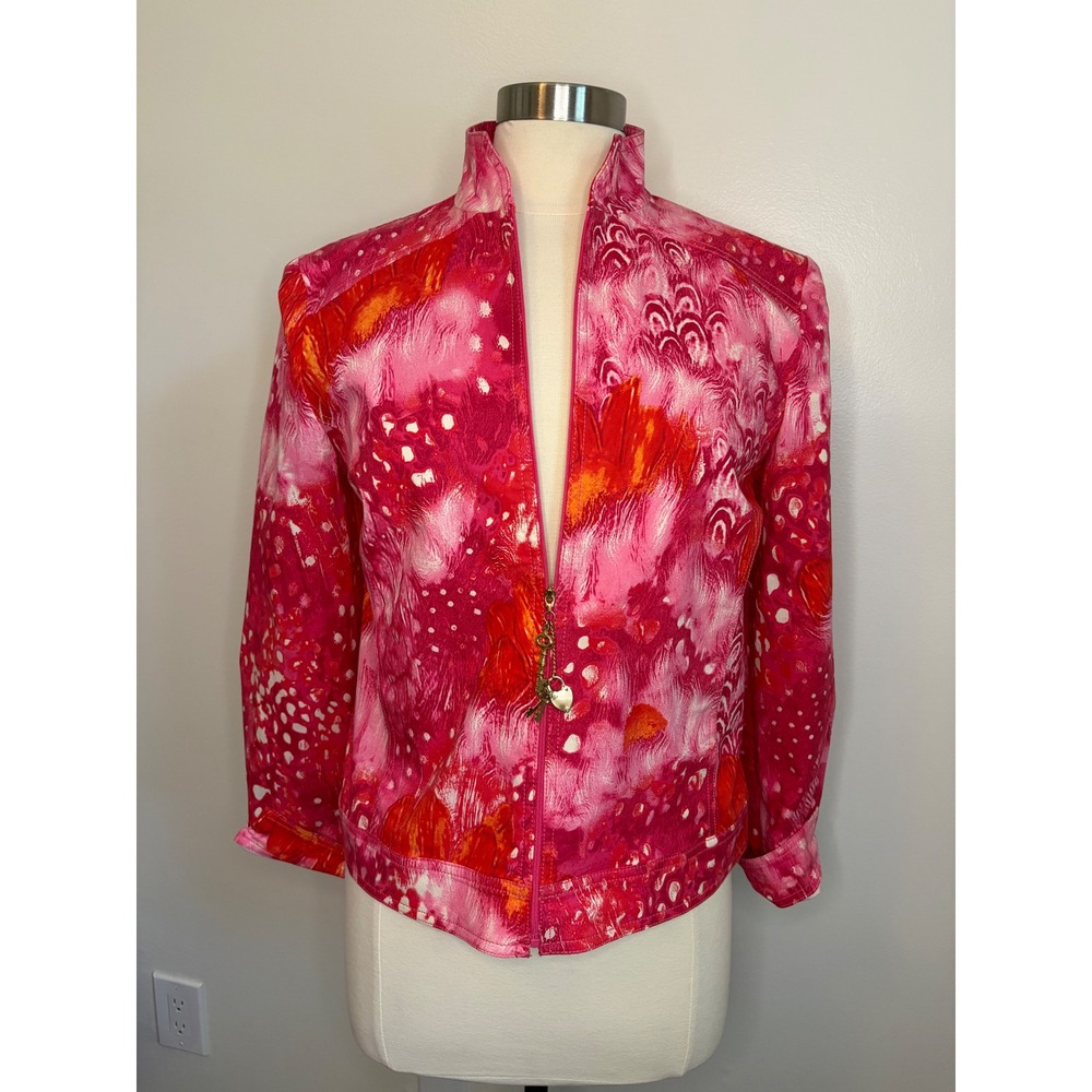 St John Sport Marie Gray Pink Red Abstract Floral Zip Jacket Gold Key Charm M